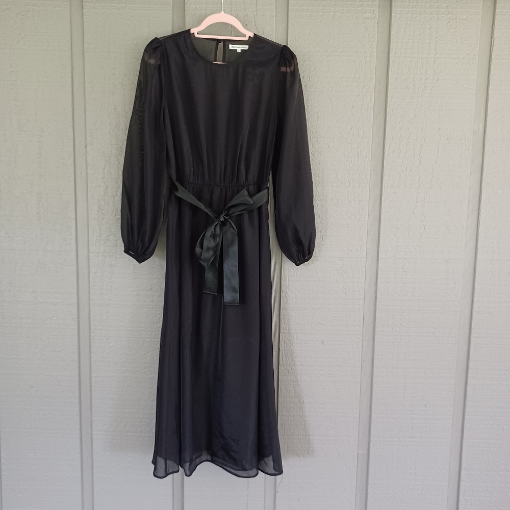 Reformation Meesha Dress Size 8 Women Feminine Black Long Sleeve Ribbon Tie Wais